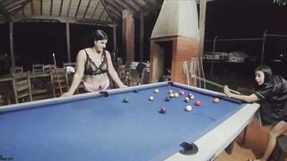 Hot and nasty Latin Chick lesbian babes with sex toys eating their wet cracks on the pool table- Spanish Porn