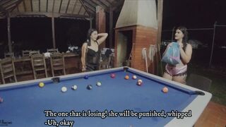 Hot and nasty Latin Chick lesbian babes with sex toys eating their wet cracks on the pool table- Spanish Porn - 2 image