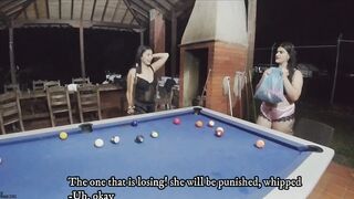 Hot and nasty Latin Chick lesbian babes with sex toys eating their wet cracks on the pool table- Spanish Porn - 2 image