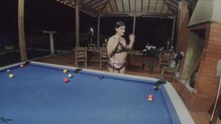 Hot and nasty Latin Chick lesbian babes with sex toys eating their wet cracks on the pool table- Spanish Porn - 4 image