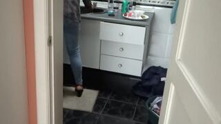 The stepson of the maid makes a great cumshot on my wife's ass with her jeans on - 6 image