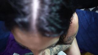 Latina tattooed babe with massive natural tits begs for a massage & gets a raw fuck