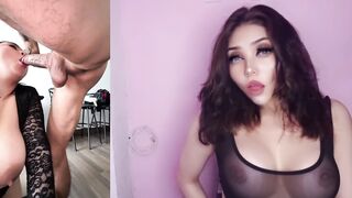 Horny Latina with massive natural tits rides hard & takes a hot load in her mouth