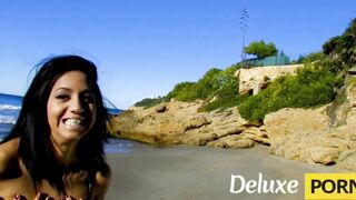 Watch Terry Kemaco pound the tight shaved pussy of skinny Latina Julia De Lucia on the beach