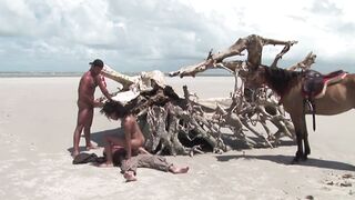 Latina with natural tits enjoys outdoor threesome with big cocks and kissing