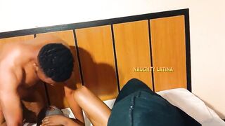 Watch this horny ebony teen get her tight pussy drilled by two massive dicks in her new apartment