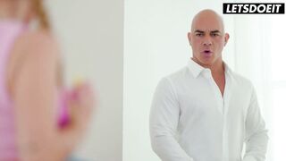 Stepdad's stepdaughter gets a mouthful of cum after steamy threesome with busty Latina MILF