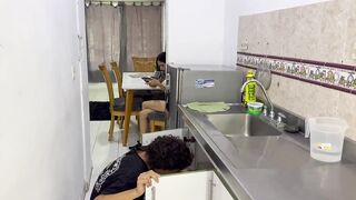 Petite Latina receives payment for her work as a plumber in taboo stepfamily encounter