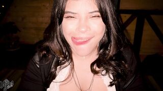 Latina amateur deepthroats hung dude in dark cabin while teasing with her tits & pussy