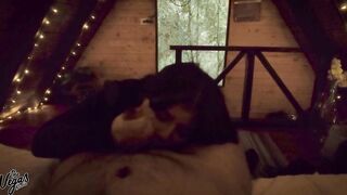 Latina amateur deepthroats hung dude in dark cabin while teasing with her tits & pussy