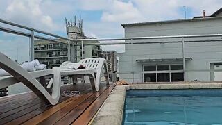 Latina neighbor seduces her neighbor by the pool and takes him in the bathroom
