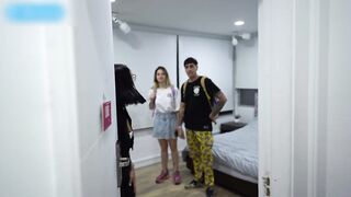 Kylei Ellish & Natydelgado share a shy guy's huge cock in a sloppy amateur reverse cowgirl scene - 1 image