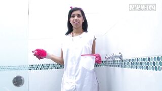 Latina maid with pink gloves gets drilled in shower by hard cock