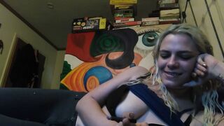 Hot blonde smokes clove cigarettes, plays on phone and plays with tits - 10 image