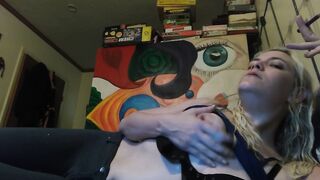 Hot blonde smokes clove cigarettes, plays on phone and plays with tits - 12 image