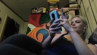 Hot blonde smokes clove cigarettes, plays on phone and plays with tits - 4 image