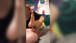 Blonde sucks and licks soles and toes after showing off