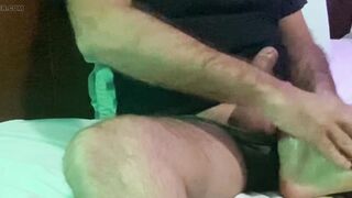 Milf & fetish. She jerks me off with her feet and massages my balls while showing me her pussy - 10 image