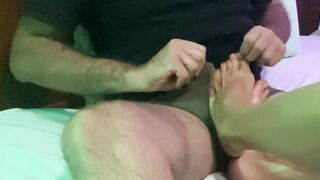 Milf & fetish. She jerks me off with her feet and massages my balls while showing me her pussy - 7 image