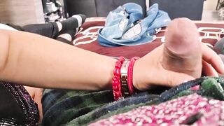 She masturbates me and my penis gets wet with droplets of pleasure.