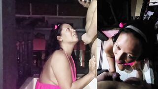 MILF giving a blowjob on the balcony, cum in the mouth and she swallow all the semen from the stranger. (POV & Viewer Cam) - 11 image