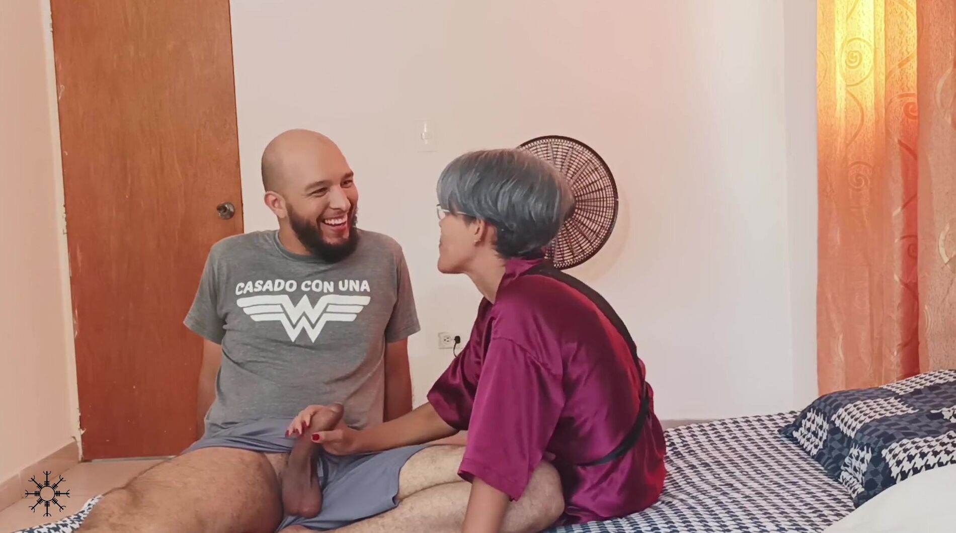 My stepbrother caught me masturbating in the middle of a video call and helps me finish - Porn in Spanish. I'm in my room on a v