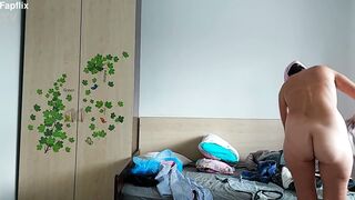 Voyeur - Amateur Milf Trys On Clothes At Home And Shows Saggy Tits And Hairy Pussy