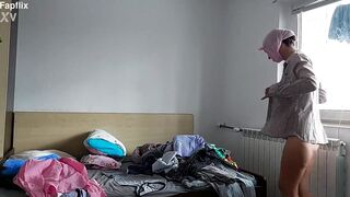 Voyeur - Amateur Milf Trys On Clothes At Home And Shows Saggy Tits And Hairy Pussy