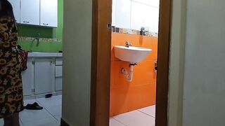 My stepmom joins me in the bathroom while she fingers herself, then demands to be fucked hard