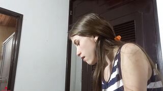 My stepsister with innocent face begs me to give her a great oral and deep throat