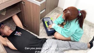 Watch Celeste Alba & Thiago Lopez seduce and bang a young plumber in HD