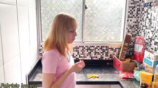 Stepdaughter gets caught in the act and eats her own cum in the kitchen