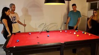 Hot MILF wives learn to play pool and get naughty in a wild group sex orgy!