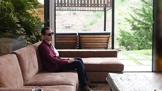 Blind guy takes a hot load on his stepsister's naked body after getting creamed in the ass by her stepson