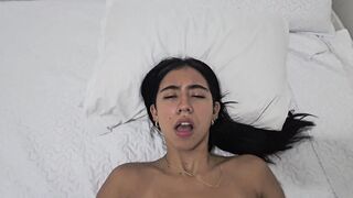 Latina Petite Tender gets her beautiful face creamed while being drilled for more followers