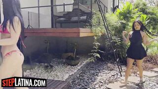 Stepdad shares his big white cock with two Latina stepsisters in steamy threesome